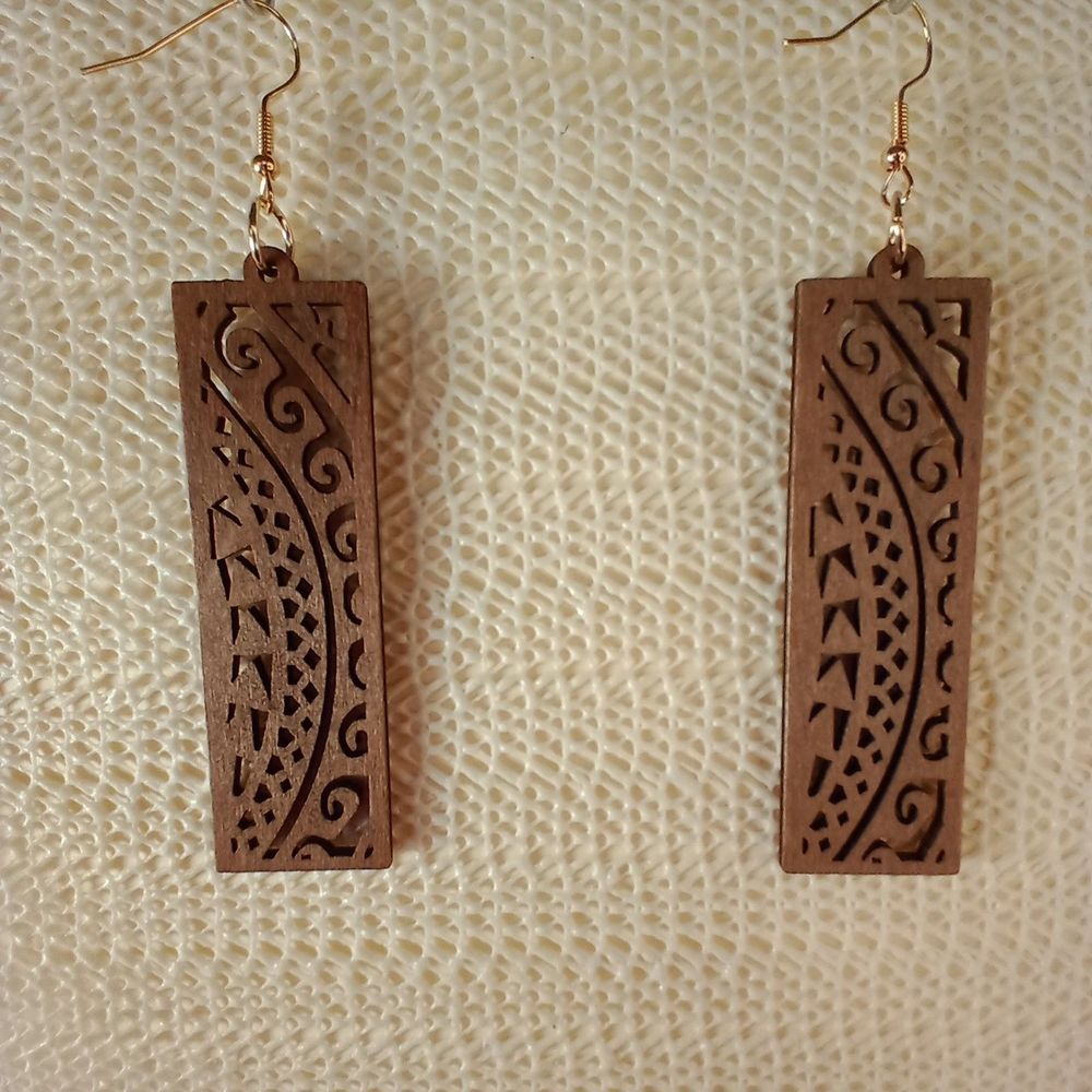 BOHO BROWN WOODEN Bohemian Rectangle Drop Laser Cut 3.5" Earrings